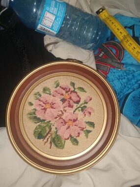 Framed Pink Floral Needlepoint Wall Art